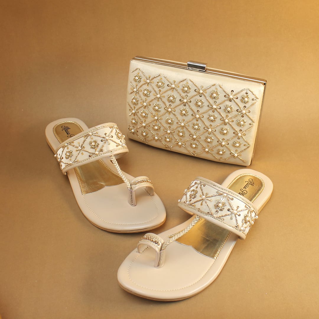Golden Embellished Kolhapuri Sandals & Matching Clutch Set