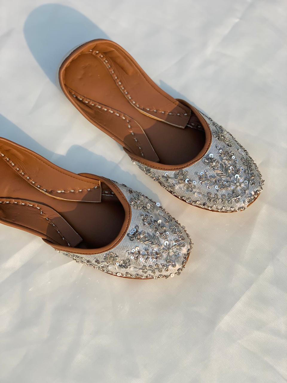 Silver Sparkle Hand-Embroidered Khussa