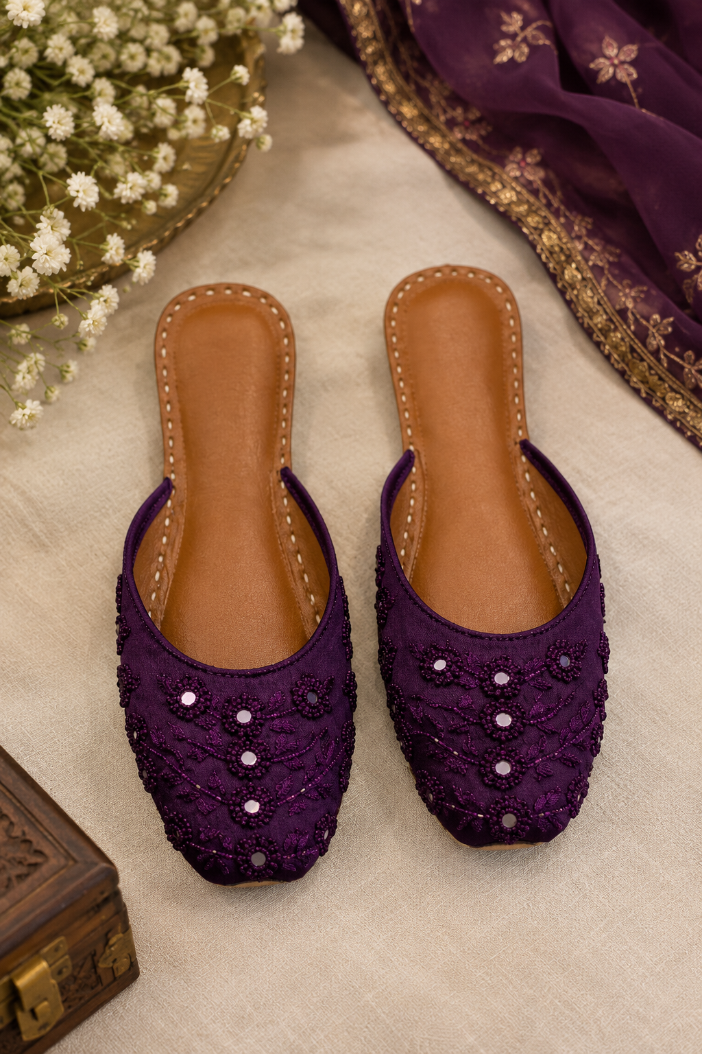 Royal Purple Embroidered Backopen Khussa with Mirror Work