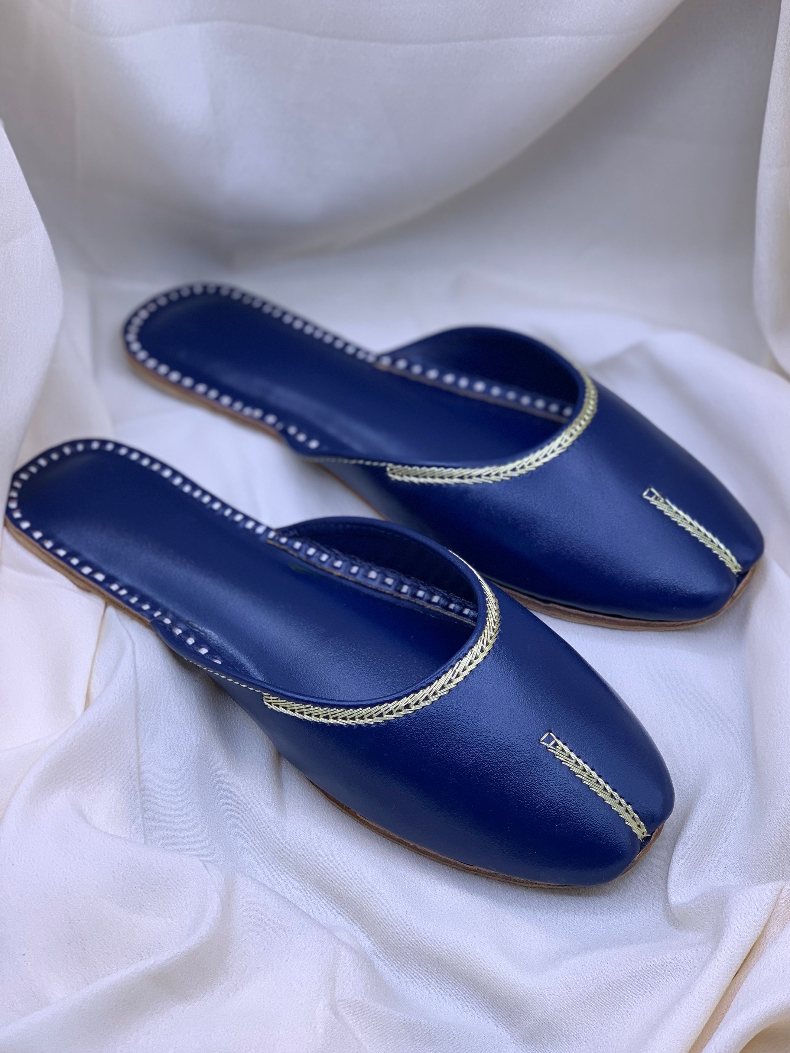 Classic Handcrafted Back Open Khussa | Elegant Blue Traditional Footwear