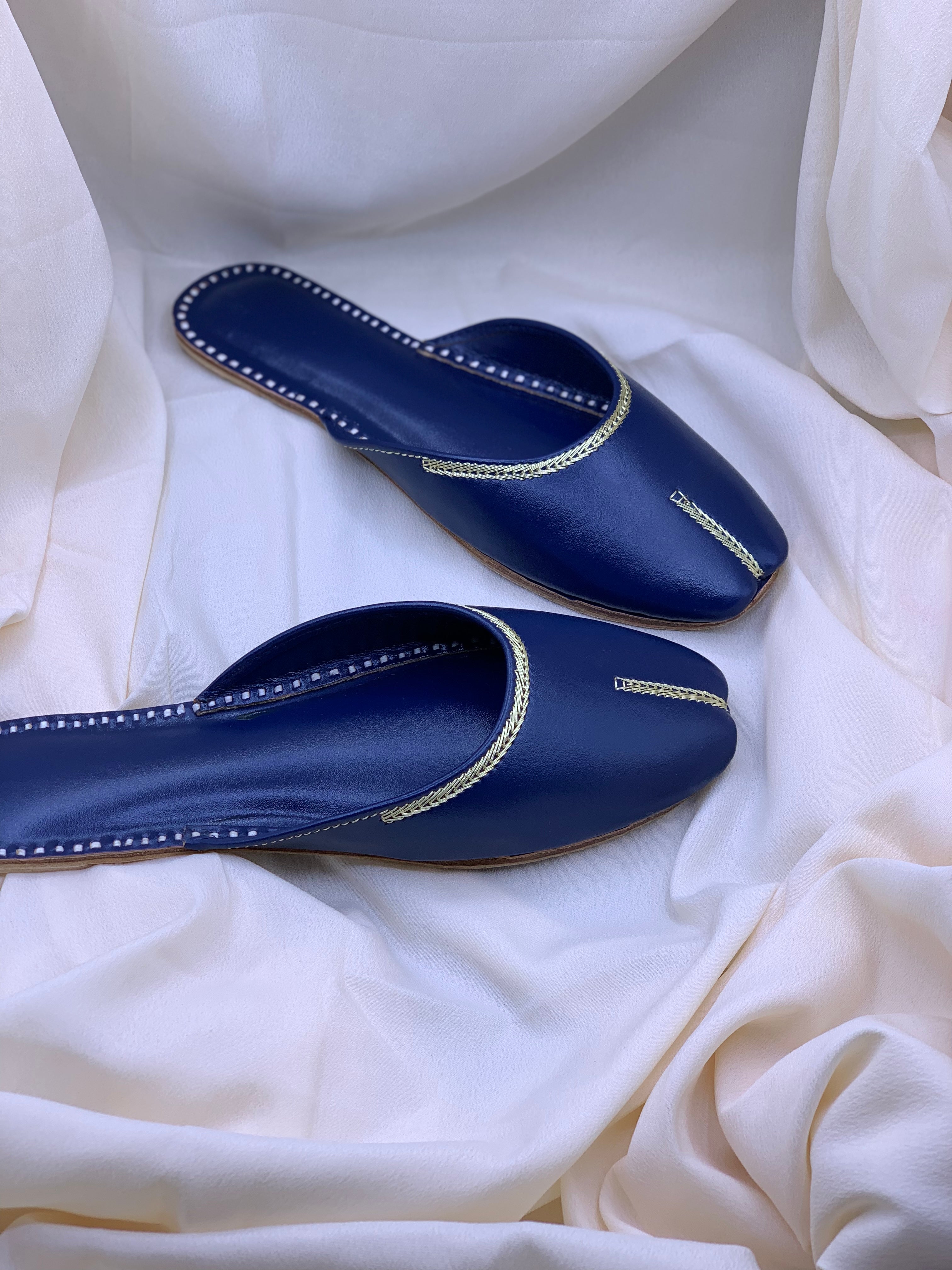Classic Handcrafted Back Open Khussa | Elegant Blue Traditional Footwear