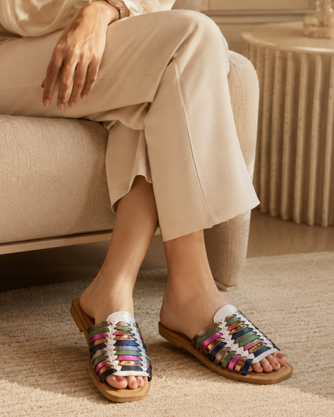Multicolor Handcrafted Leather Slides – Elegant Traditional Sandals