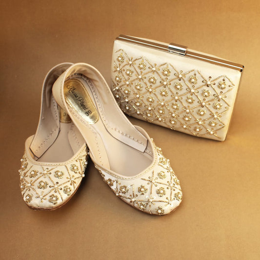Elegant Golden Embroidered Khussa & Clutch Set – Pearl & Zari Work