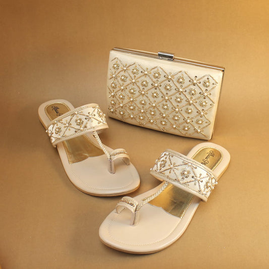 Golden Embellished Kolhapuri Sandals & Matching Clutch Set