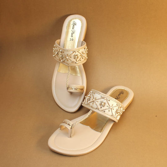 Elegant Beige Embroidered Kolhapuri Flats for Women