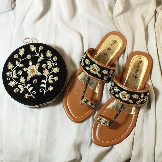 Black & Gold Embroidered Kolhapuri Sandals with Matching Velvet Clutch Set