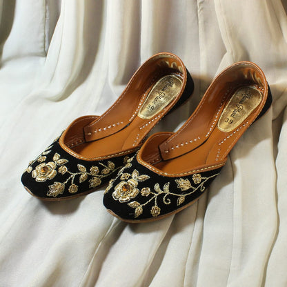 Black Velvet Hand-Embroidered Khussa & Clutch Set – Golden Floral Design