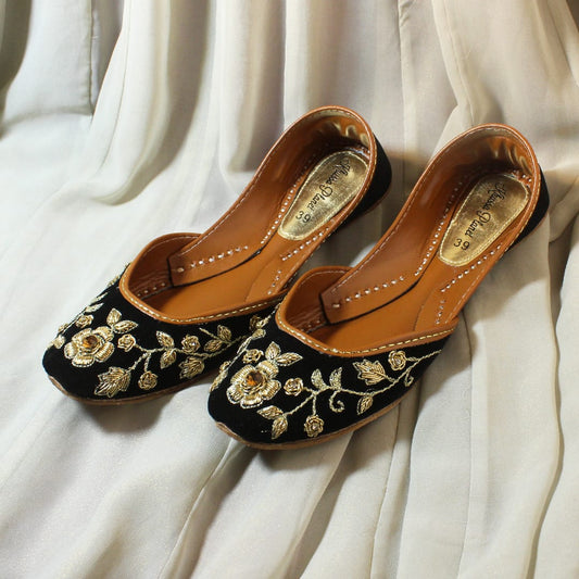 Black Velvet Hand-Embroidered Khussa with Golden Floral Detailing