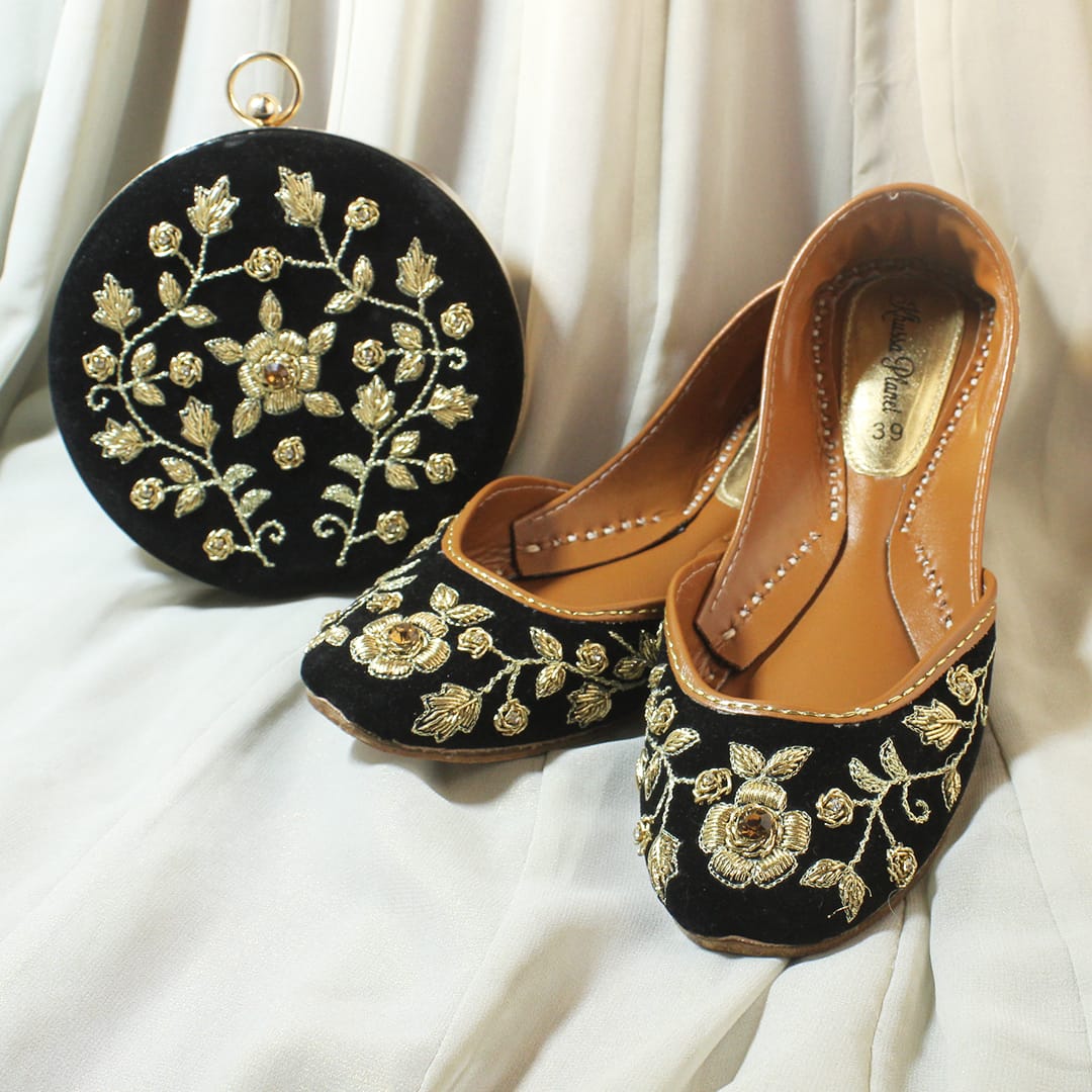 Black Velvet Hand-Embroidered Khussa & Clutch Set – Golden Floral Design