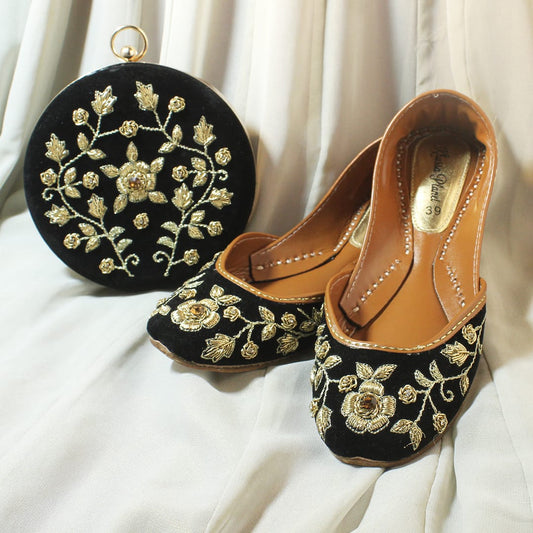 Black Velvet Hand-Embroidered Khussa & Clutch Set – Golden Floral Design