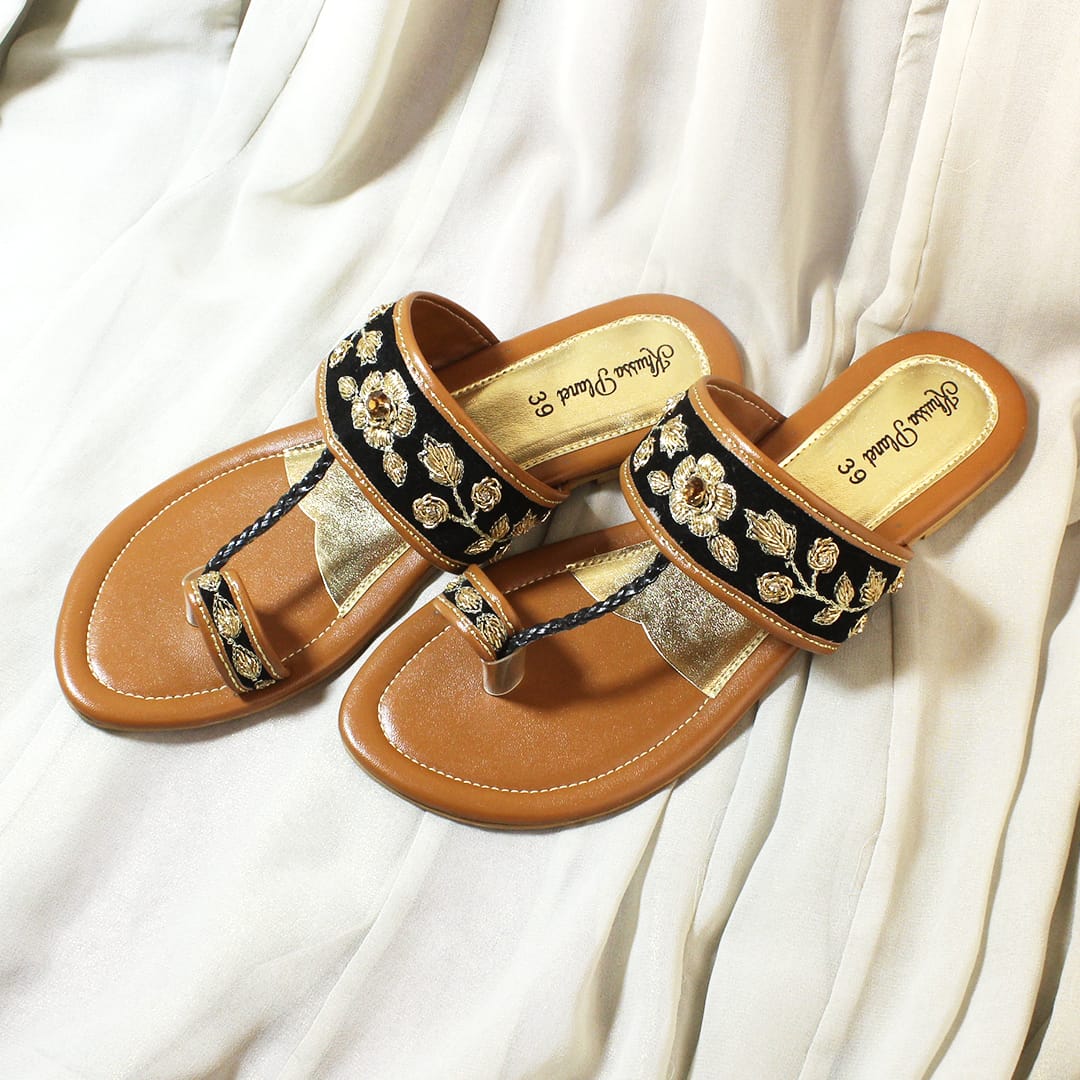 Black & Gold Embroidered Kolhapuri Sandals with Matching Velvet Clutch Set