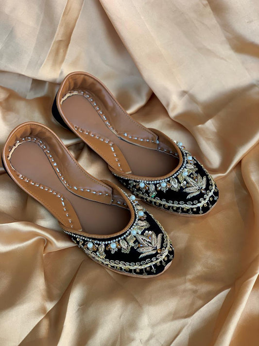 Black Velvet Hand-Embroidered Khussa – Pearl & Golden Zari Detailing