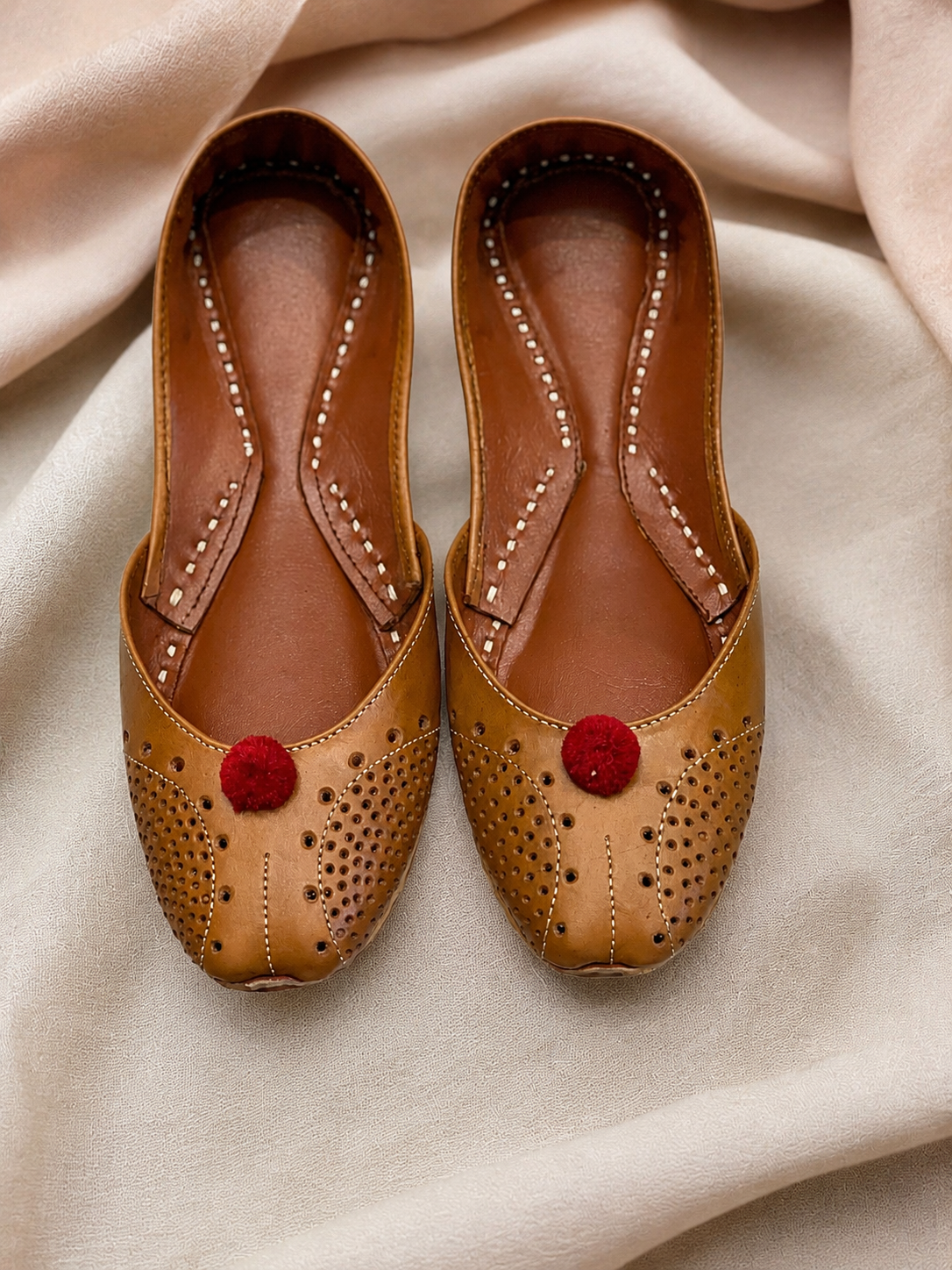 Elegant Leather Khussa with Red Pom-Pom