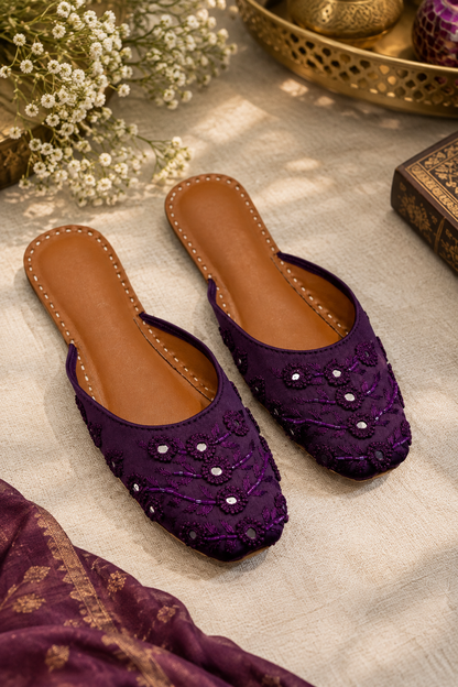 Royal Purple Embroidered Backopen Khussa with Mirror Work