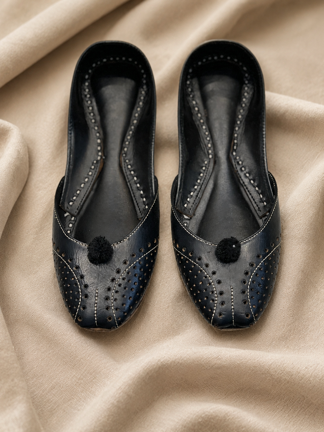 Elegant Leather Khussa with Black Pom-Pom