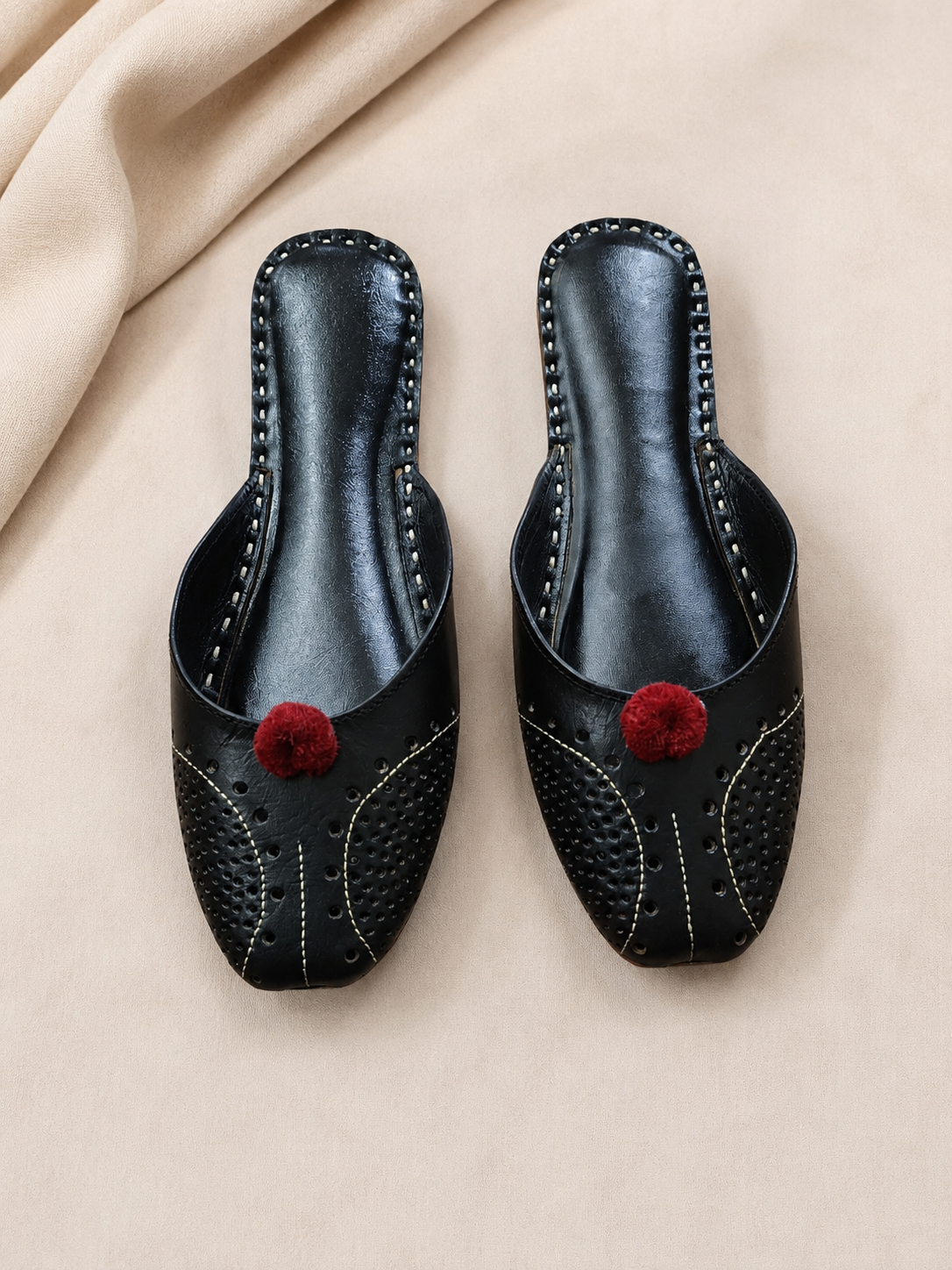 Elegant Black Handmade Leather Khussa with Red Pom-Pom