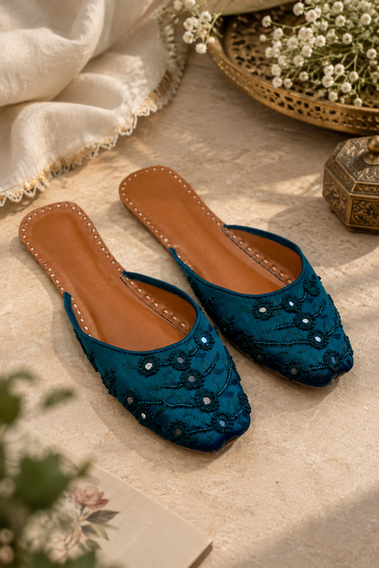 Teal Blue Embroidered Backopen Khussa with Mirror Work