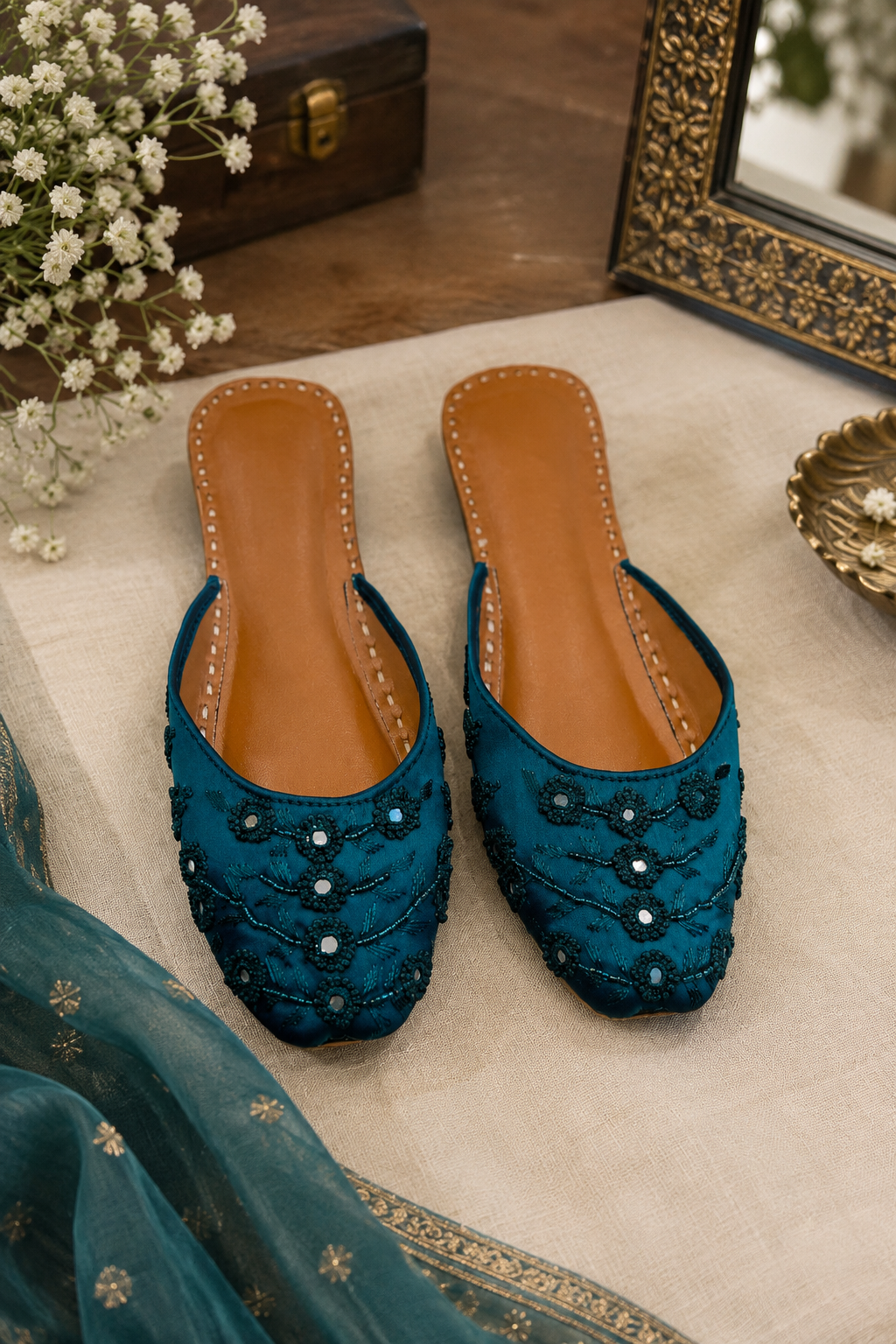 Teal Blue Embroidered Backopen Khussa with Mirror Work