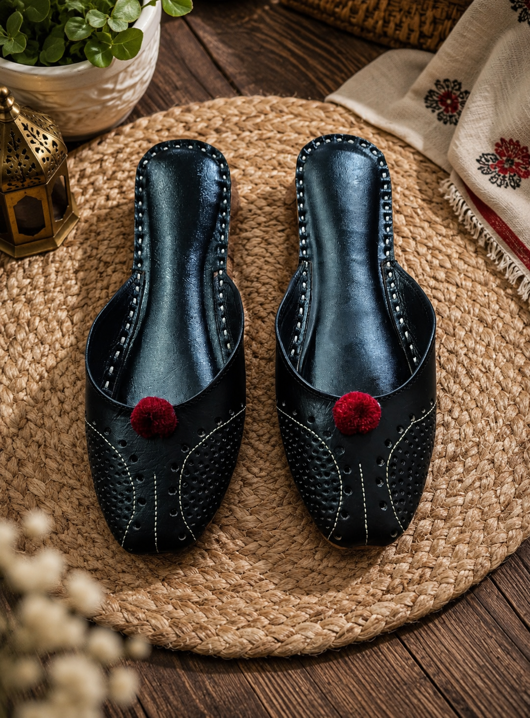 Elegant Black Handmade Leather Khussa with Red Pom-Pom